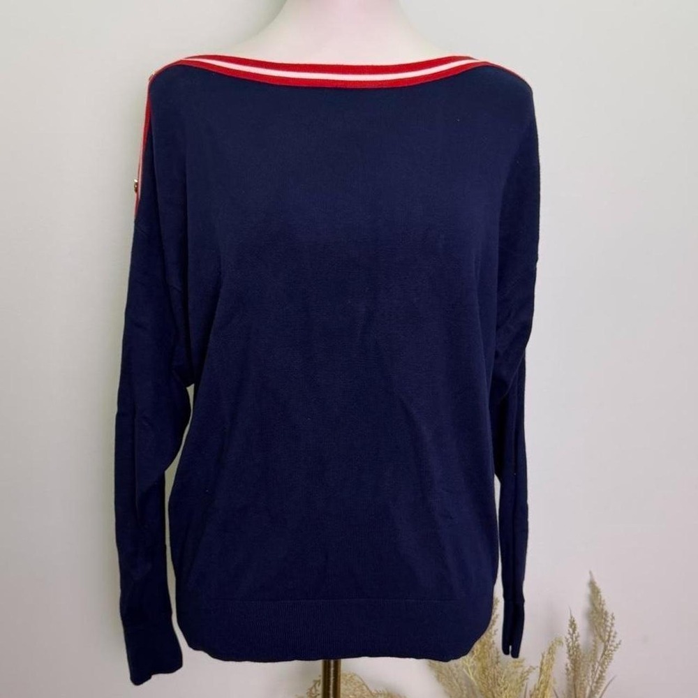 Charter Club Size M Navy Red Gold-Button Knit Sweater